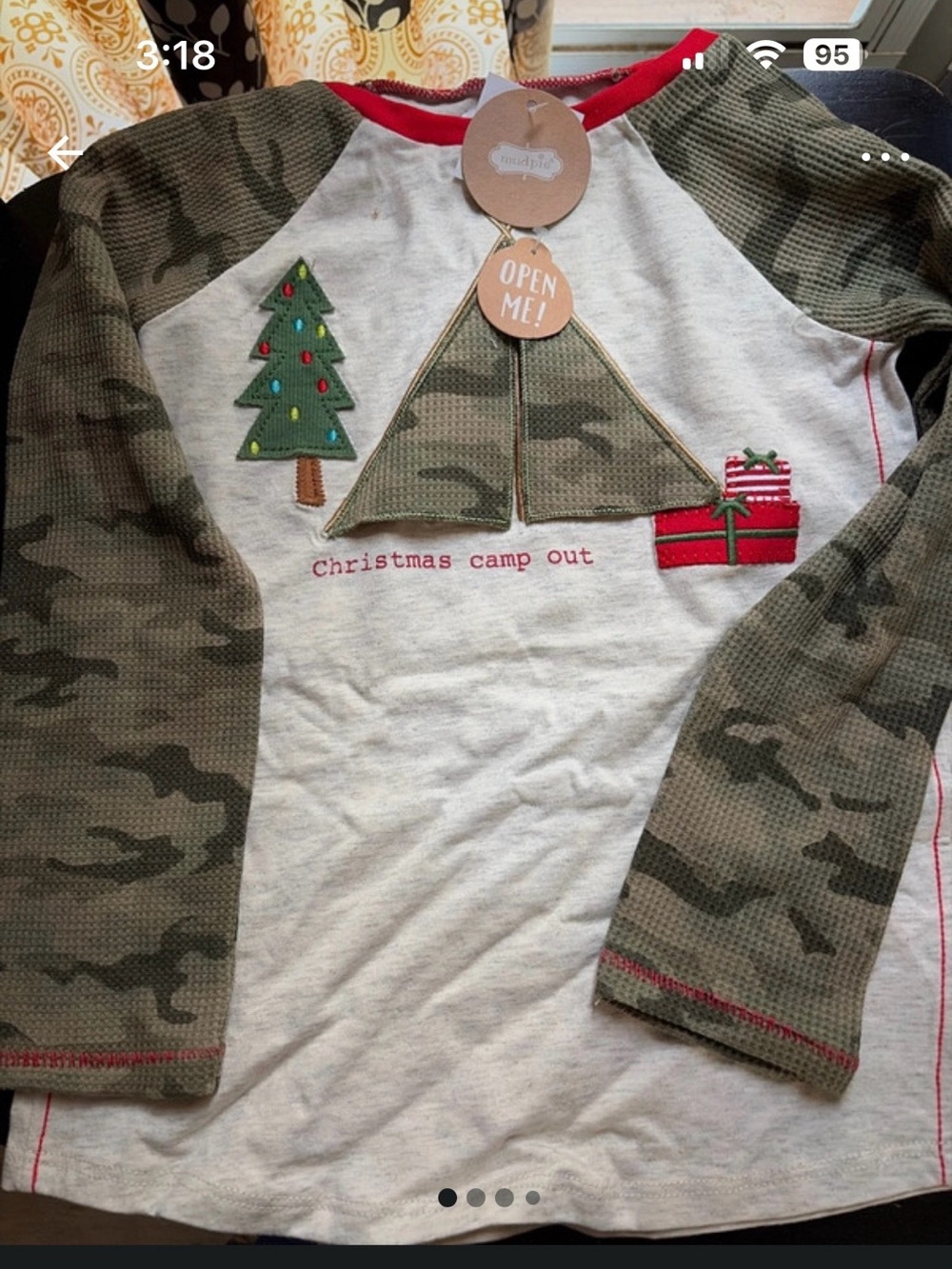 Mudpie nwt Christmas Camp Out Camo Raglan Tee - Kids 4/5t